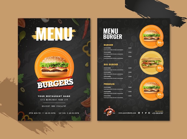 Vector mooi eten menusjabloon voor restaurant of burgers restaurant menusjabloon