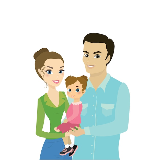 Mooi familiepaar met dochter geïsoleerd op witte achtergrond cartoon vector illustratie