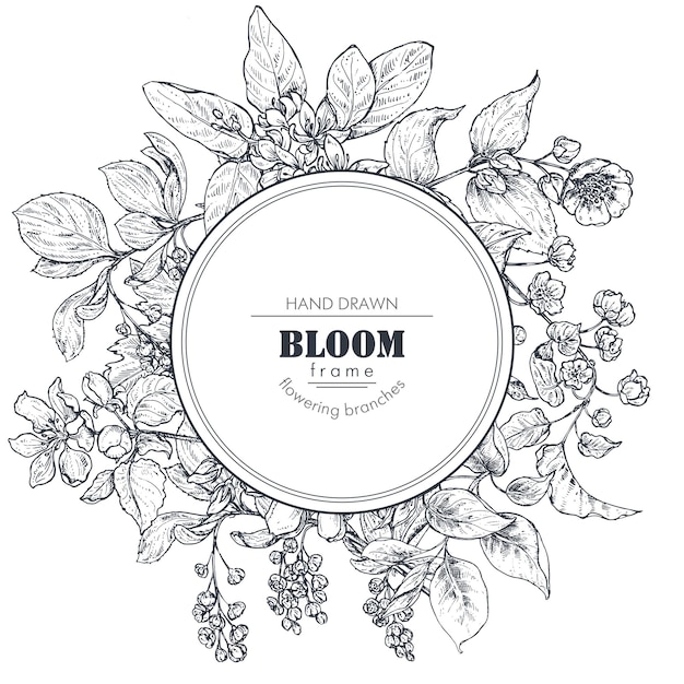 Mooi frame met handgetekende takken, bloemen en planten. monochroom vectorillustratie in schets stijl. sjabloon voor kaarten, uitnodigingen, bruiloftsontwerp