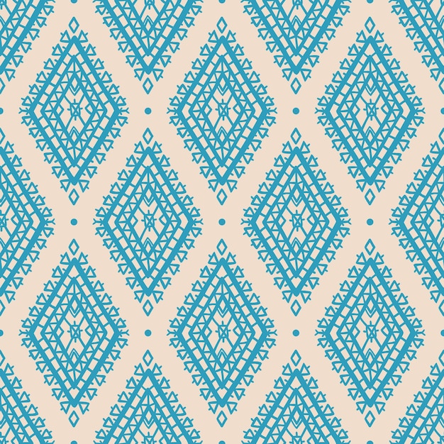 Mooi grafisch tribal kleuren naadloos patroon met blauwe ruiten en stippen op een beige achtergrond