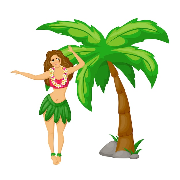 Mooi Hawaiiaans meisje in traditionele kleding dansen op het strand vlakbij de zee onder palmbomen in de brandende zon Rust zomerreis naar warme continenten Vector illustratie