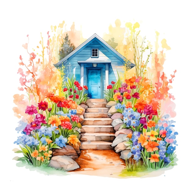 Mooi huis tussen bloemen aquarel verf
