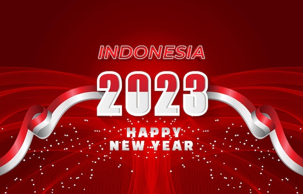 Mooi Indonesisch thema gelukkig nieuwjaar 2023 met kleurrijke fonkeling luxe glanzend met abstract rood verloop achtergrondontwerp