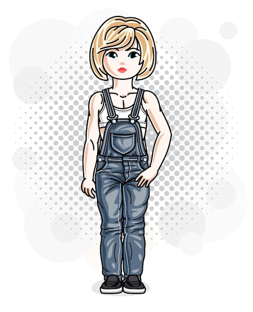 Mooi klein blond meisje in spijkerbroek, vectorillustratie van een mooi kind dat staat.