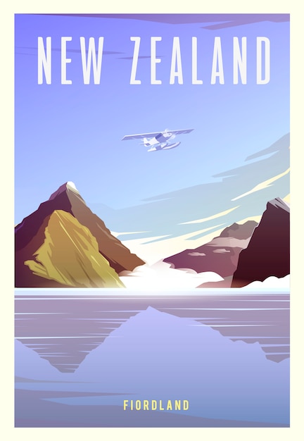 Vector mooi landschap in zonnige dag in nieuw-zeeland met bergen, milford sound, zee en vliegtuig.