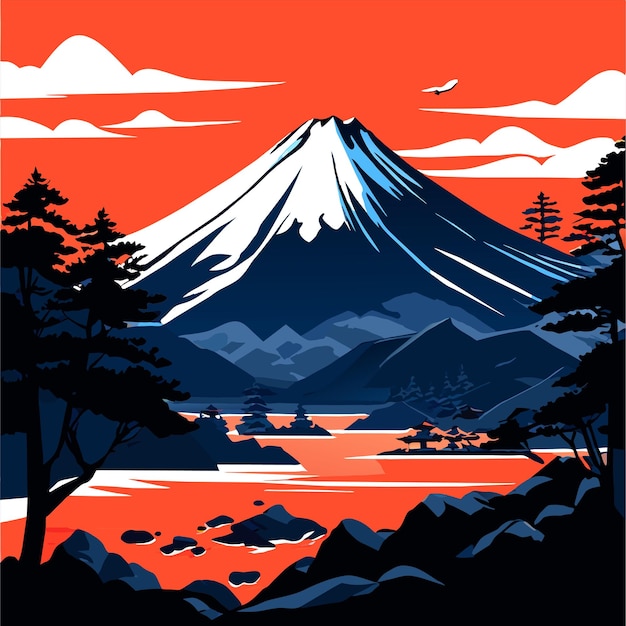 Mooi landschap van de berg Fuji rond het meer Yamanakako vector illustratie