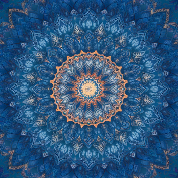 Mooi Mandala Ornament Ontwerp in blauw en indigo met gouden achtergrond