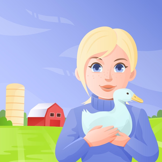 Mooi meisje boer houdt eend op de binnenplaats van de boerderij