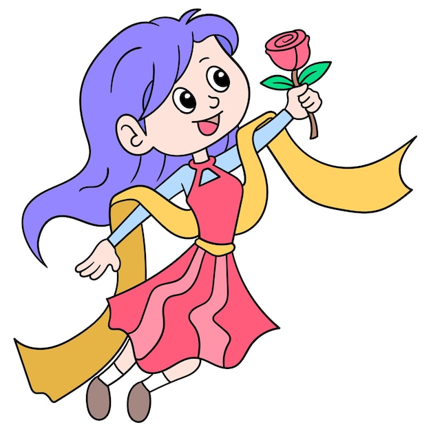 Mooi meisje dat in een sjaal danst die rozen draagt, vectorillustratieart. doodle pictogram afbeelding kawaii.