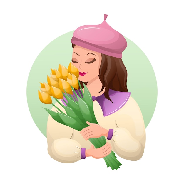 Mooi meisje houdt boeket tulpen Delicaat lenteboeket in de handen van jonge dame Platte vectorillustratie