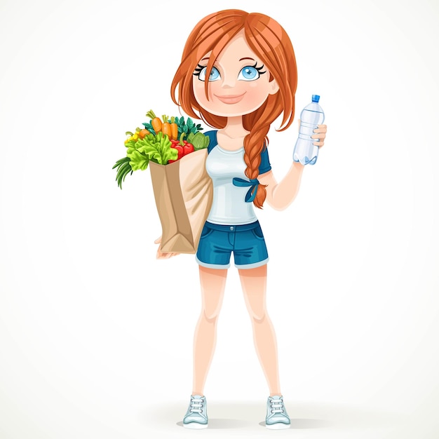 Mooi meisje in een sportpak houdt een papieren zak met gezond voedsel en een waterfles geïsoleerd op een witte achtergrond