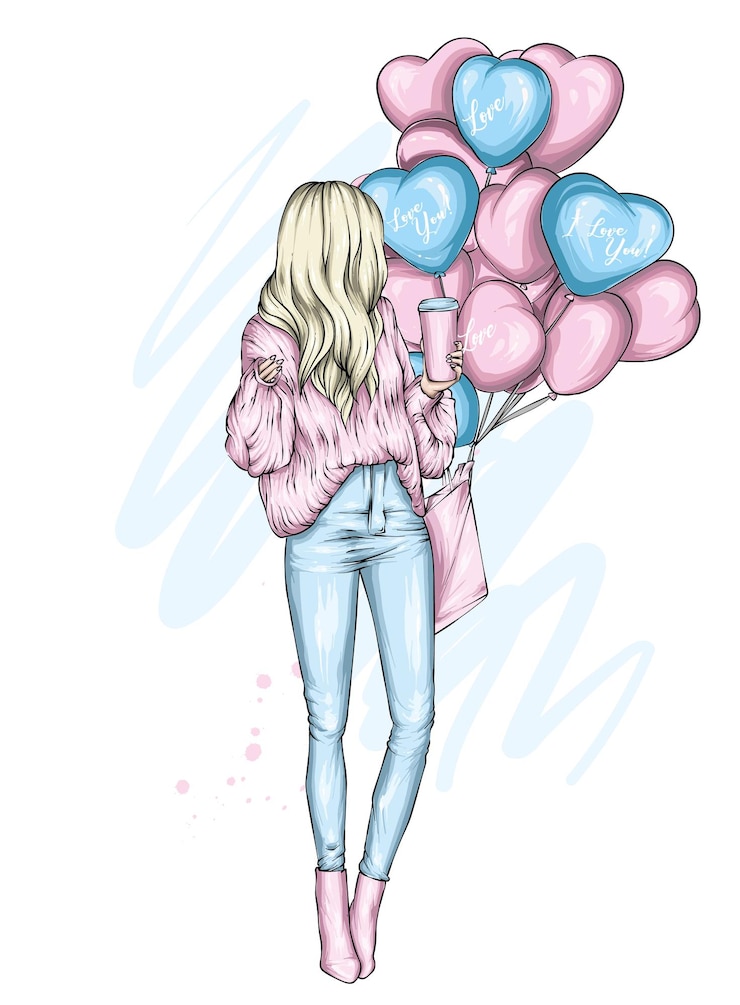 Vector mooi meisje in stijlvolle kleding en ballonnen in de vorm van harten valentijnsdag en liefde