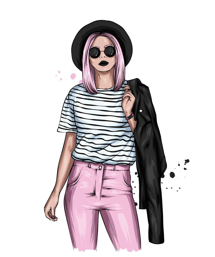 Vector mooi meisje in stijlvolle kleding met bril en een hoed