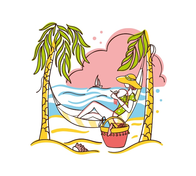 Mooi meisje ligt in een hangmat op een exotisch strand en breit een gehaakte zomer en ontspan