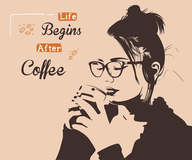 Mooi meisje met een bril die geniet van een kopje koffie