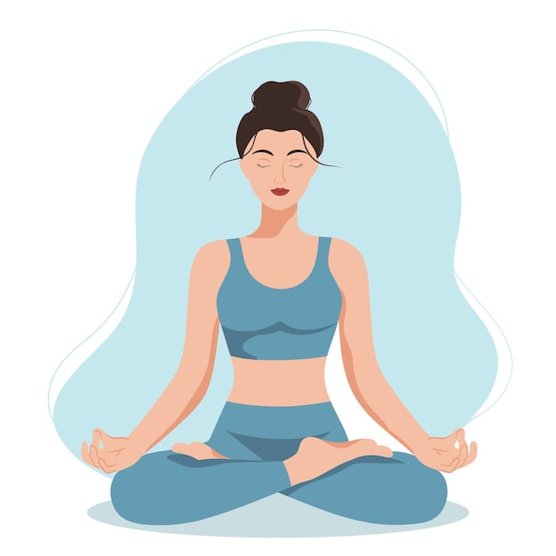 Mooi meisje met een bun kapsel zit in een yoga houding