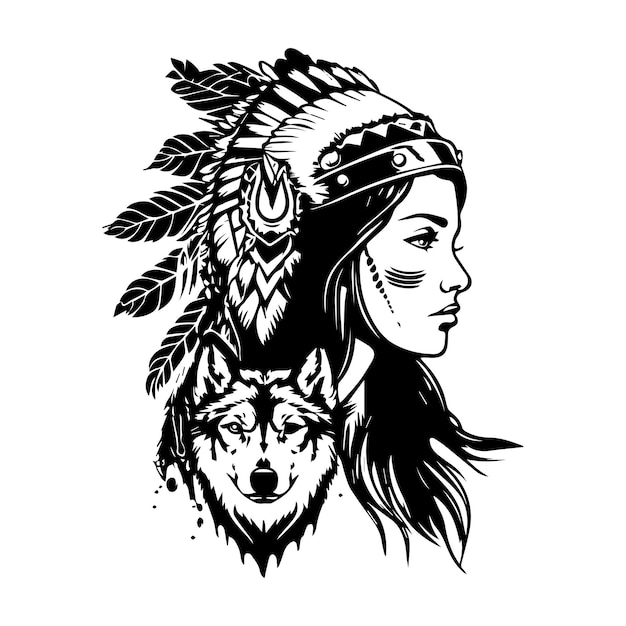 Vector mooi meisje met indian chief hoofd hand getekende illustratie