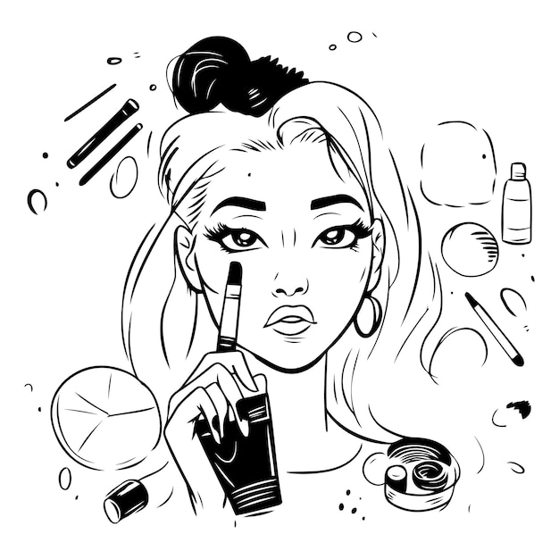 Vector mooi meisje met make-up producten in sketch stijl