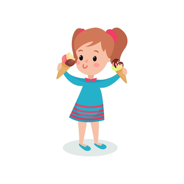 Mooi meisje met twee ijsjes cartoon vectorillustratie geïsoleerd op een witte background