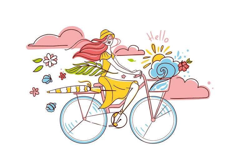 Mooi meisje rijdt op een fiets naar het strand Zomerillustratie Vector