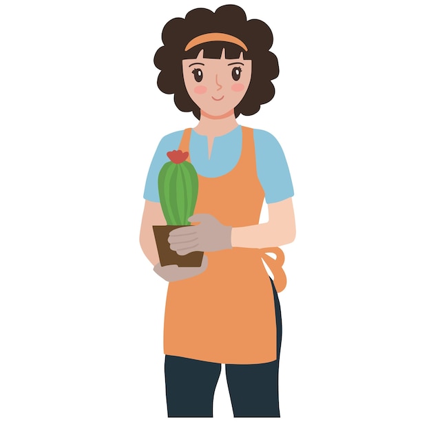 Mooi meisje tuinman wiens landbouw met cactus in zowel haar hand vector illustratie
