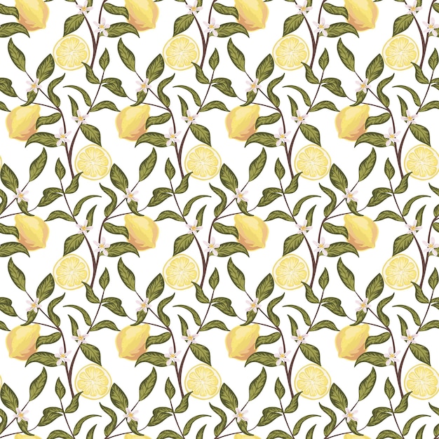 Mooi naadloos patroon met citroenen, bloemen en tak. Kleurrijke handgetekende vectorillustratie