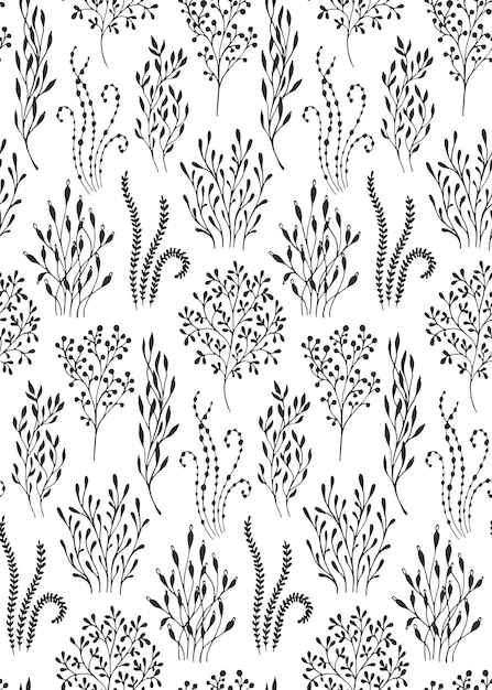 Mooi naadloos patroon met de hand getekende bloemen fantasie natuur motief, bloemen, planten, takken. Zwart-wit eindeloze vector achtergrond.