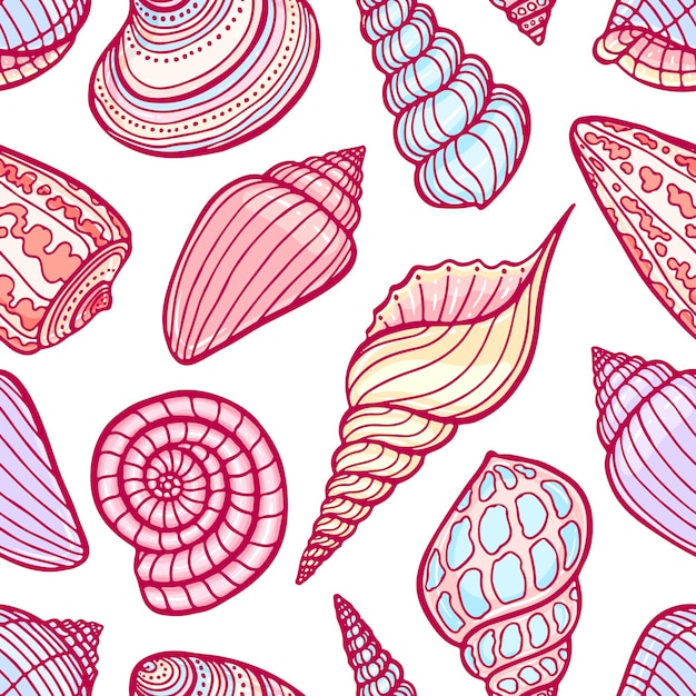 Mooi naadloos patroon van kleurrijke schelpen. handgetekende illustratie