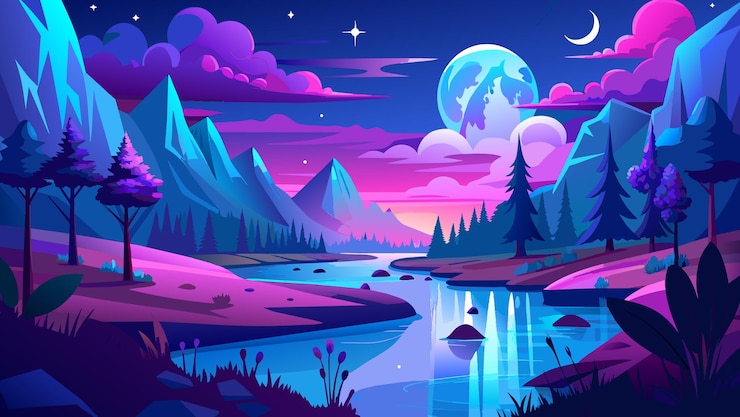 Vector mooi nacht landschap illustratie ontwerp met een berg rivier en maan met hemel