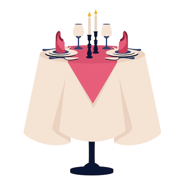 Vector mooi romantisch diner romantische setting gereserveerde tafel voor twee met tafelkleed bestek glazen kaarsen servetten bestek vectorillustratie