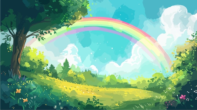 Mooi voorjaarslandschap met een regenboog in het bos
