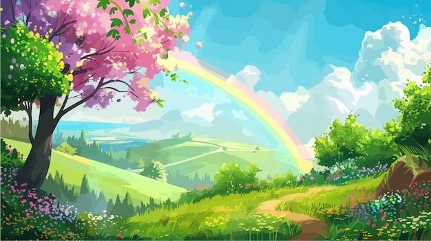 Mooi voorjaarslandschap met een regenboog in het bos