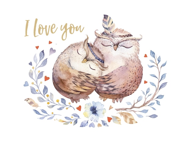 Mooie aquarelillustratie met lieve uilenharten en bloemen in geweldige kleuren