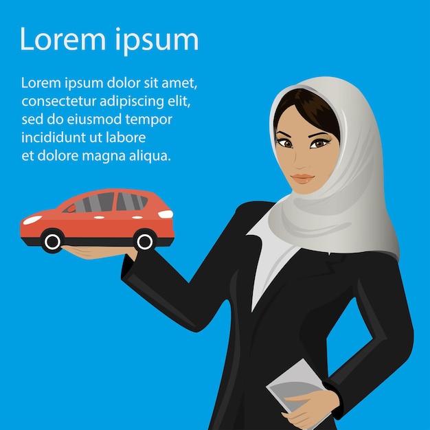 Mooie arabische moslimvrouw met auto bij de hand plaats voor tekst vectorillustratie