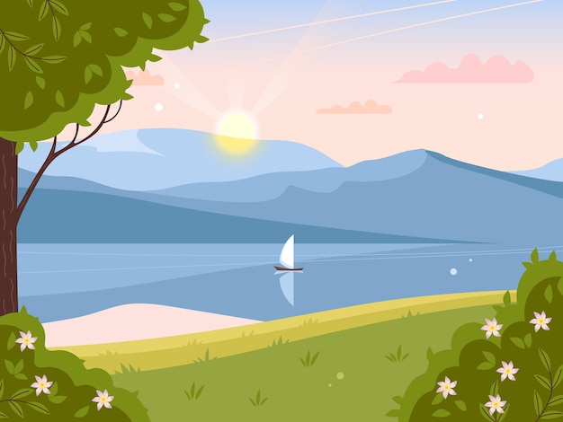 Mooie avond lente landschap het jacht drijft op het meer rivier bergen en water zonsondergang hemel ondergaande zon bloeiende struiken vectorillustratie voor achtergrond website posters ansichtkaarten