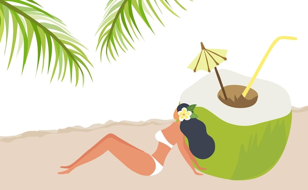 Mooie bikinivrouw met kokosfruit op strand vectorillustratie Hallo zomervakantie