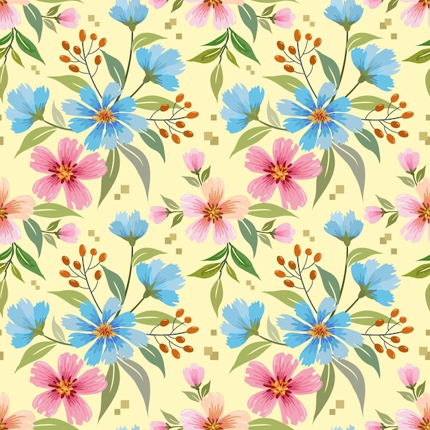 Vector mooie blauwe bloemen op gele achtergrond naadloos patroon kan worden gebruikt voor textielbehang