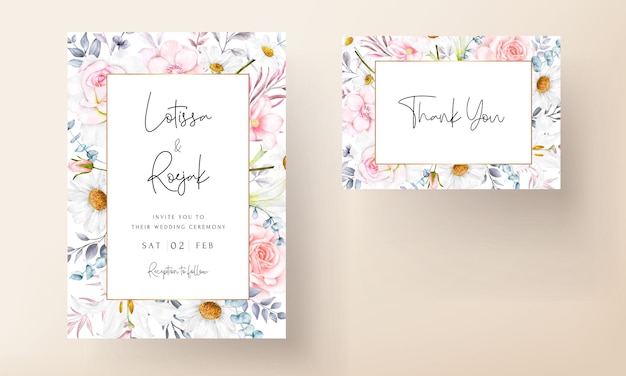 mooie bloeiende bloem en bladeren aquarel bruiloft uitnodigingskaart
