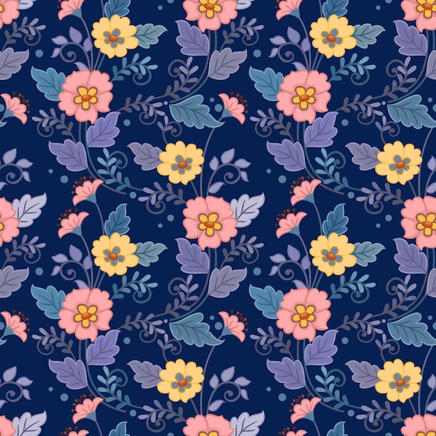 Vector mooie bloeiende bloemen ontwerp op blauwe kleur naadloze achtergrondpatroon kan worden gebruikt voor stoffen textielbehang