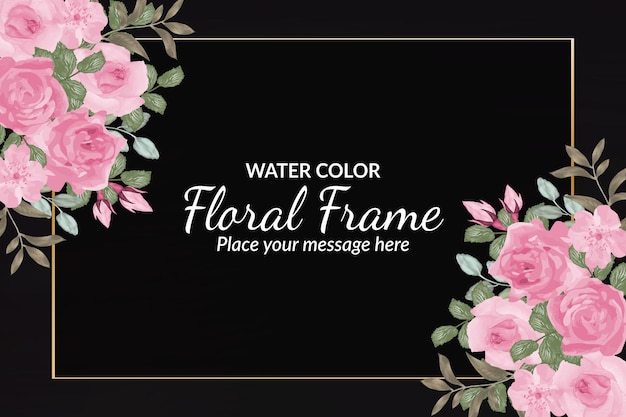 Mooie bloeiende roze rozen bloemen frame met aquarel bloem zwarte achtergrond Premium Vector