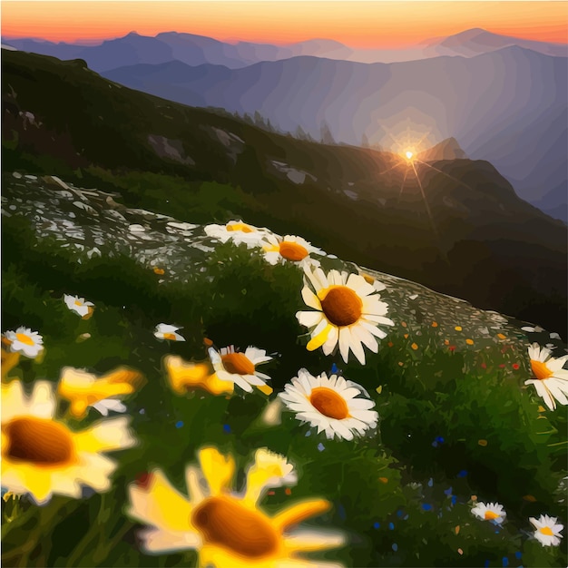Vector mooie bloeiende witte madeliefjes op de achtergrond bergen en zonsondergang hemel met wolken realistische vector
