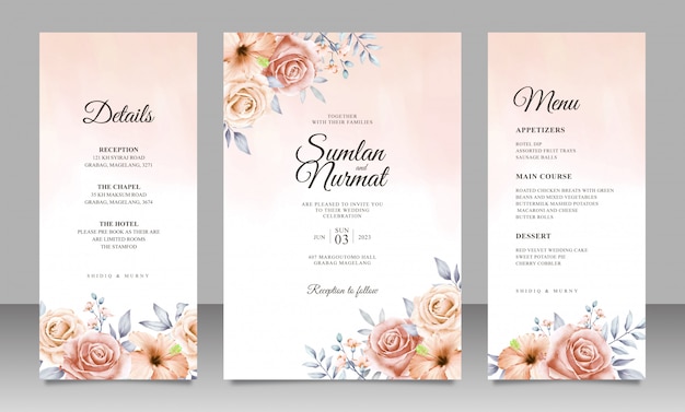 Mooie bloemen bruiloft uitnodiging kaartsjabloon met aquarel achtergrond