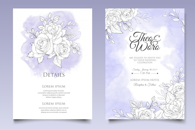 Mooie bloemen bruiloft uitnodiging sjabloon met lineart stijl