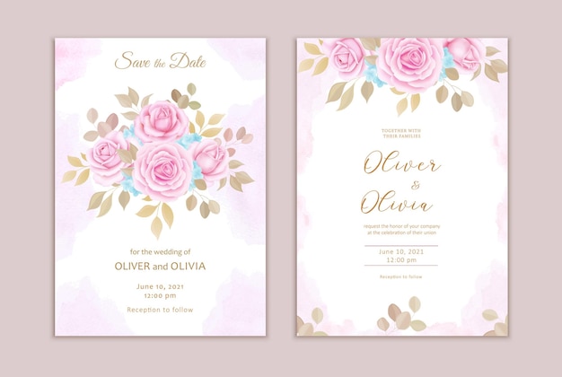 Mooie bloemen bruiloft uitnodigingskaart sjabloon Elegant vector rozen kaarten