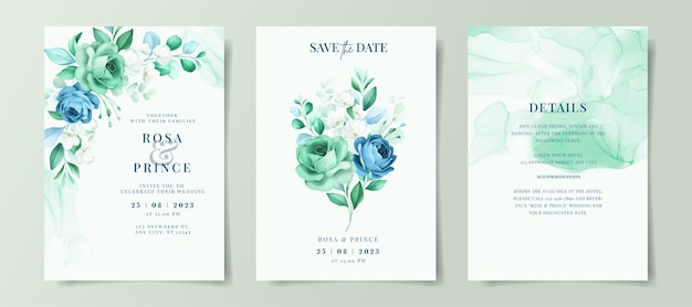 Mooie bloemen op bruiloft uitnodigingskaart set sjabloon