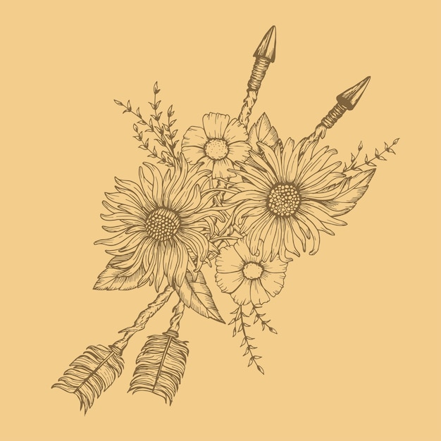 Mooie boho-elementen pijlen veren en bloemen