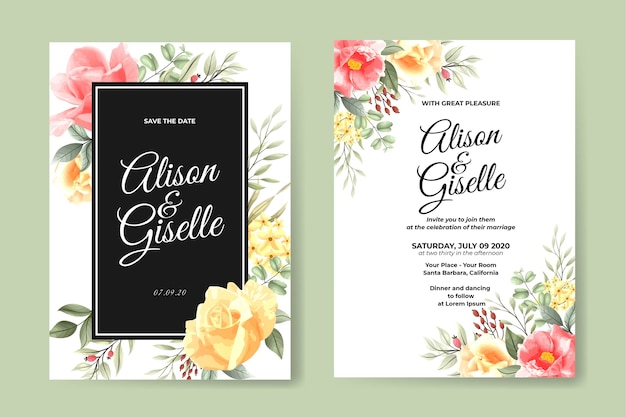 Mooie bruiloft uitnodiging sjabloon met roze bloem set