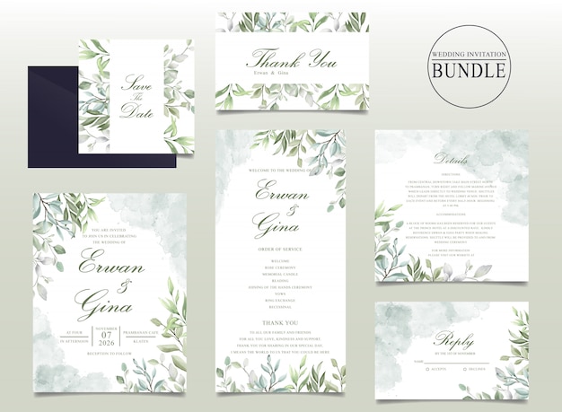 Mooie bruiloft uitnodigingskaart bundel met aquarel bladeren