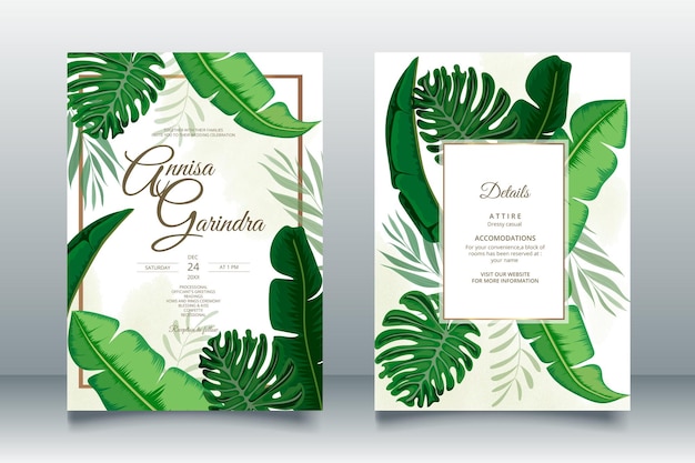 mooie bruiloft uitnodigingskaart met prachtige bladeren sjabloon Premium Vector