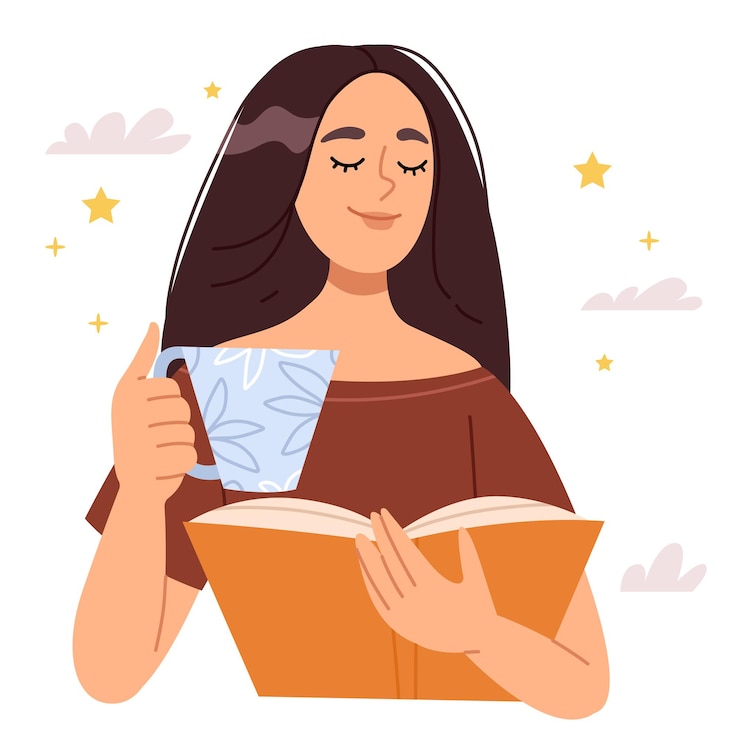 Vector mooie brunette meid droomt tijdens het lezen van een boek